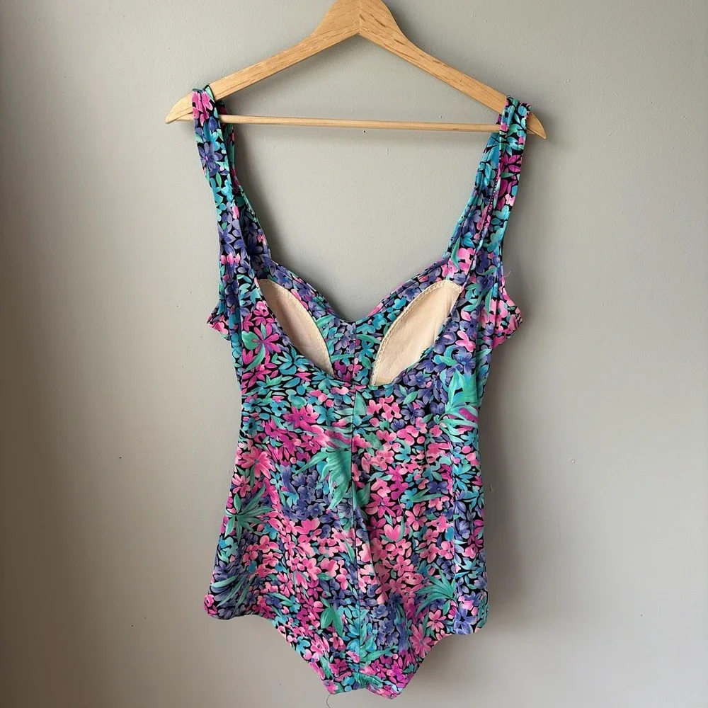 Vintage Maxine of Hollywood Womens Sz 16 Vintage One Piece Swim Suit Pink Floral